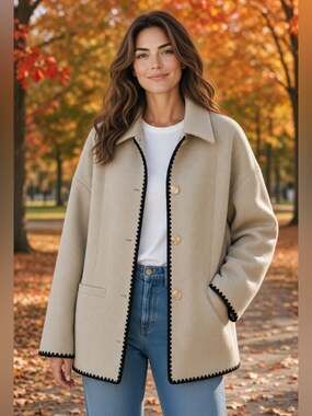 PIECES Alice Long Sleeve Woven Cream Jacket with Whipstitch Trim Size S